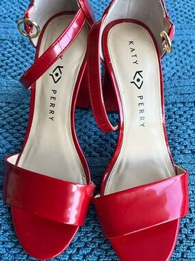 Katy Perry Collections Red Patent Block Heel Sandals with Ankle Strap